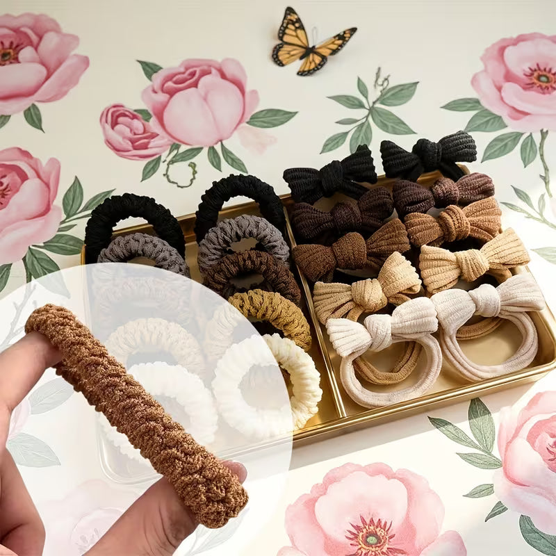Warm Brown Hair Band Set for Women, High Elasticity Scrunchies with Bowknot, Soft Wide Headbands for Girls, Ladies Hair Accessories Gift Set