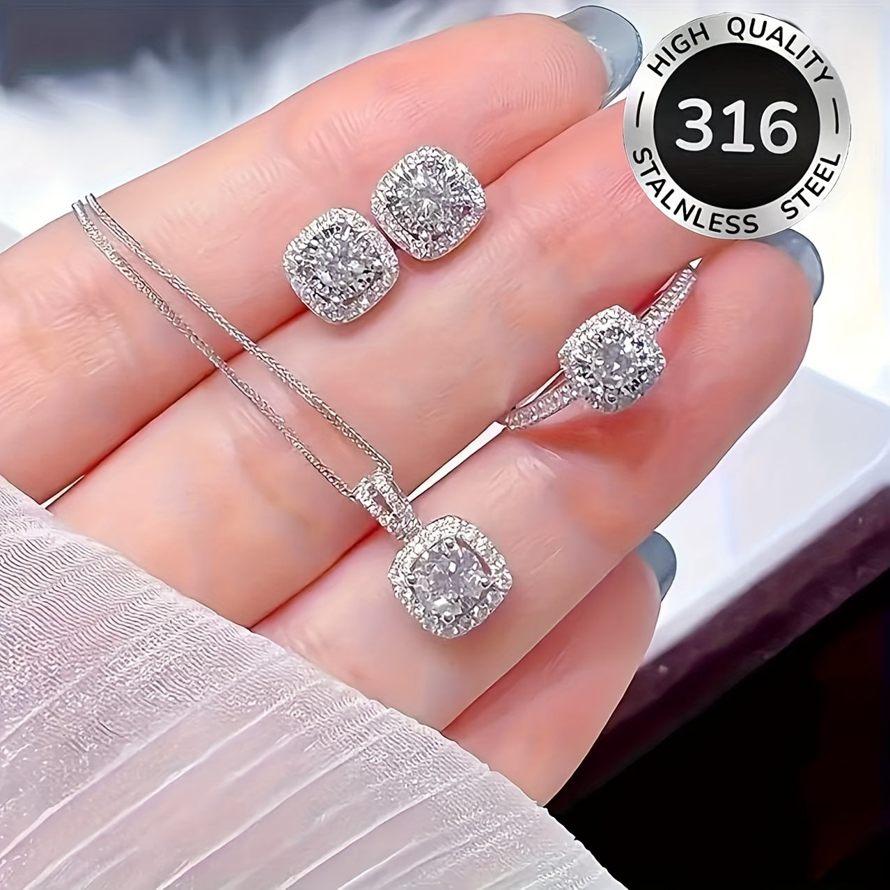 Elegant Cushion Halo Diamond Jewelry Set