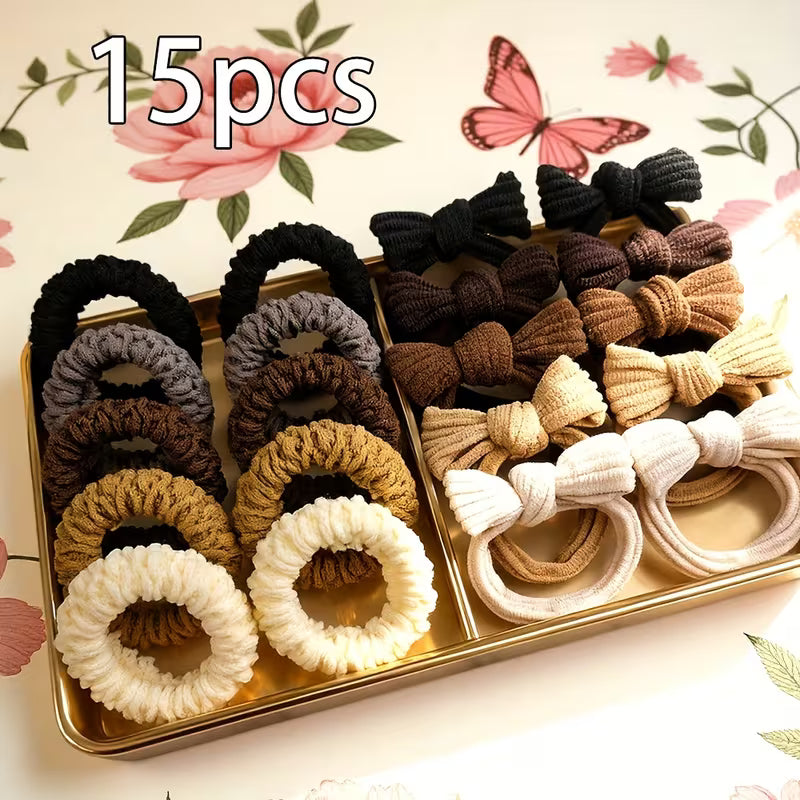 Warm Brown Hair Band Set for Women, High Elasticity Scrunchies with Bowknot, Soft Wide Headbands for Girls, Ladies Hair Accessories Gift Set