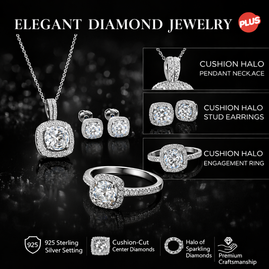 Elegant Cushion Halo Diamond Jewelry Set