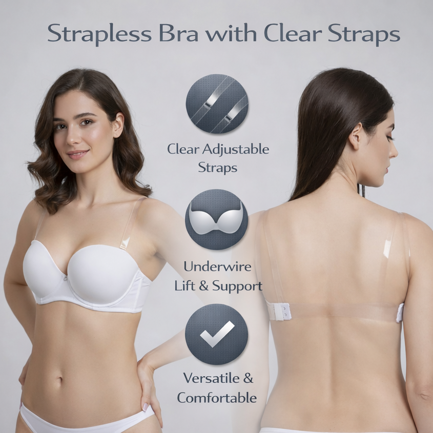 Padded Strapless Bra with Clear Adjustable Straps, Providing Maximum Comfort, Support, and a Perfect Fit for All-Day Wear