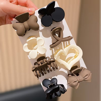 Pack of 8 Elegant Bow, Flower, Heart, Leaf & Plain Clips in Brown, Black, Beige, White - All-Season Hair Accessories for Braids, Buns, Everyday & Formal Events - Perfect for School,- Ideal Birthday or Valentine's Gift for Girls