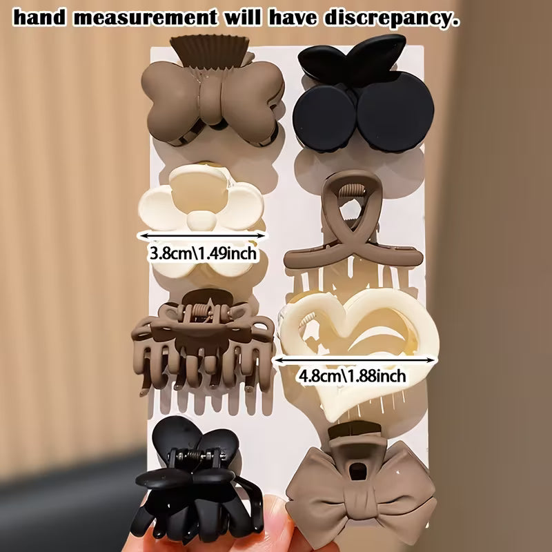 Pack of 8 Elegant Bow, Flower, Heart, Leaf & Plain Clips in Brown, Black, Beige, White - All-Season Hair Accessories for Braids, Buns, Everyday & Formal Events - Perfect for School,- Ideal Birthday or Valentine's Gift for Girls