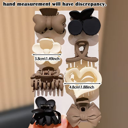 Pack of 8 Elegant Bow, Flower, Heart, Leaf & Plain Clips in Brown, Black, Beige, White - All-Season Hair Accessories for Braids, Buns, Everyday & Formal Events - Perfect for School,- Ideal Birthday or Valentine's Gift for Girls