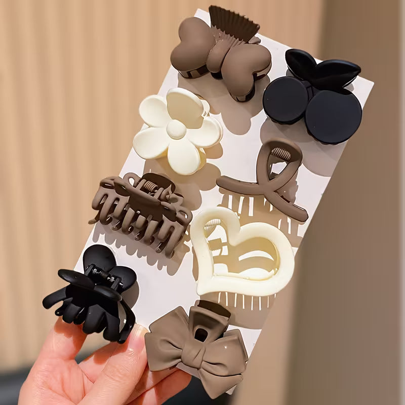 Pack of 8 Elegant Bow, Flower, Heart, Leaf & Plain Clips in Brown, Black, Beige, White - All-Season Hair Accessories for Braids, Buns, Everyday & Formal Events - Perfect for School,- Ideal Birthday or Valentine's Gift for Girls