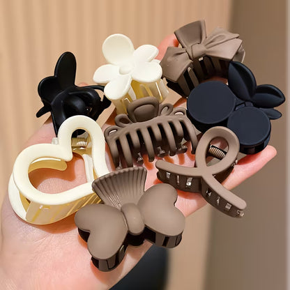 Pack of 8 Elegant Bow, Flower, Heart, Leaf & Plain Clips in Brown, Black, Beige, White - All-Season Hair Accessories for Braids, Buns, Everyday & Formal Events - Perfect for School,- Ideal Birthday or Valentine's Gift for Girls